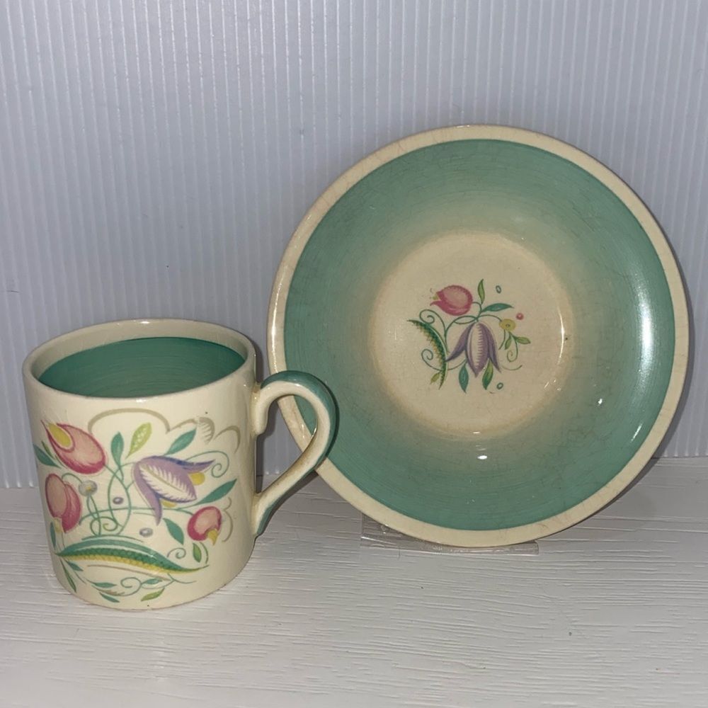 Susie Cooper Crown Works Green 'Dresden Spray' Coffee Can and Saucer Vintage